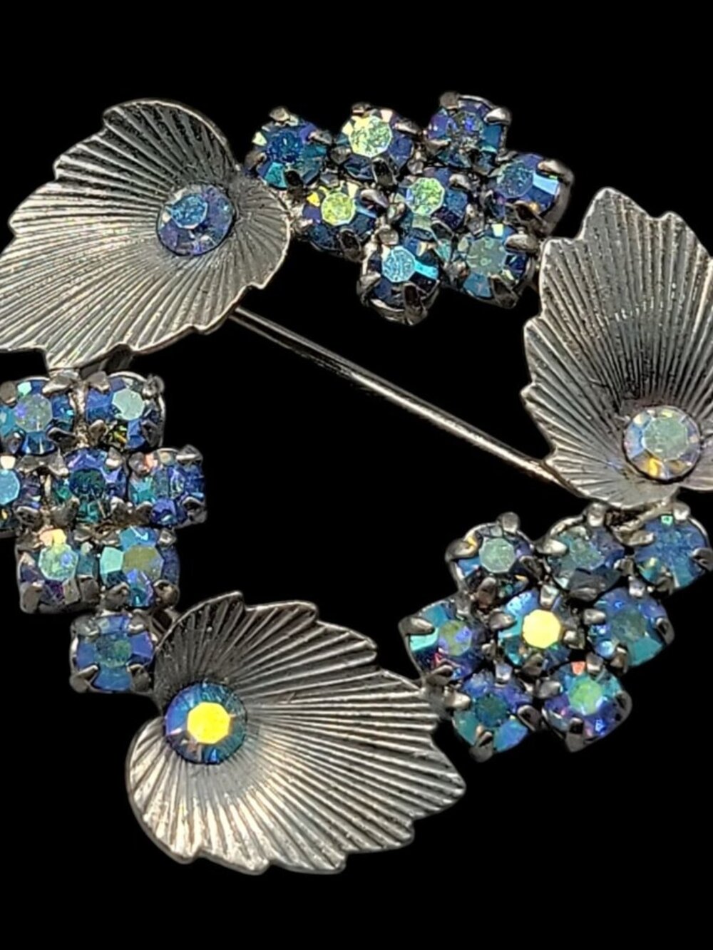 West Germany AB Rhinestone Leaf Brooch Textured Silver Tone Pin Vintage